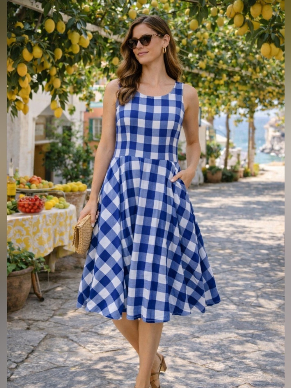 LuLaRoe Blue Gingham Fit & Flare Dress 🍋 Amalfi Coast Lemon Summer Vacation